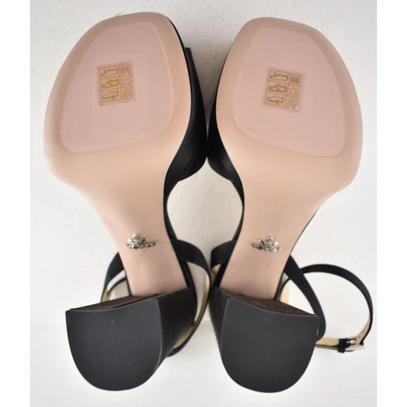 Prada 135mm Black Satin Logo Platform Sandal Ankle Strap Block Heel Pump 41.5 - Picture 14 of 14